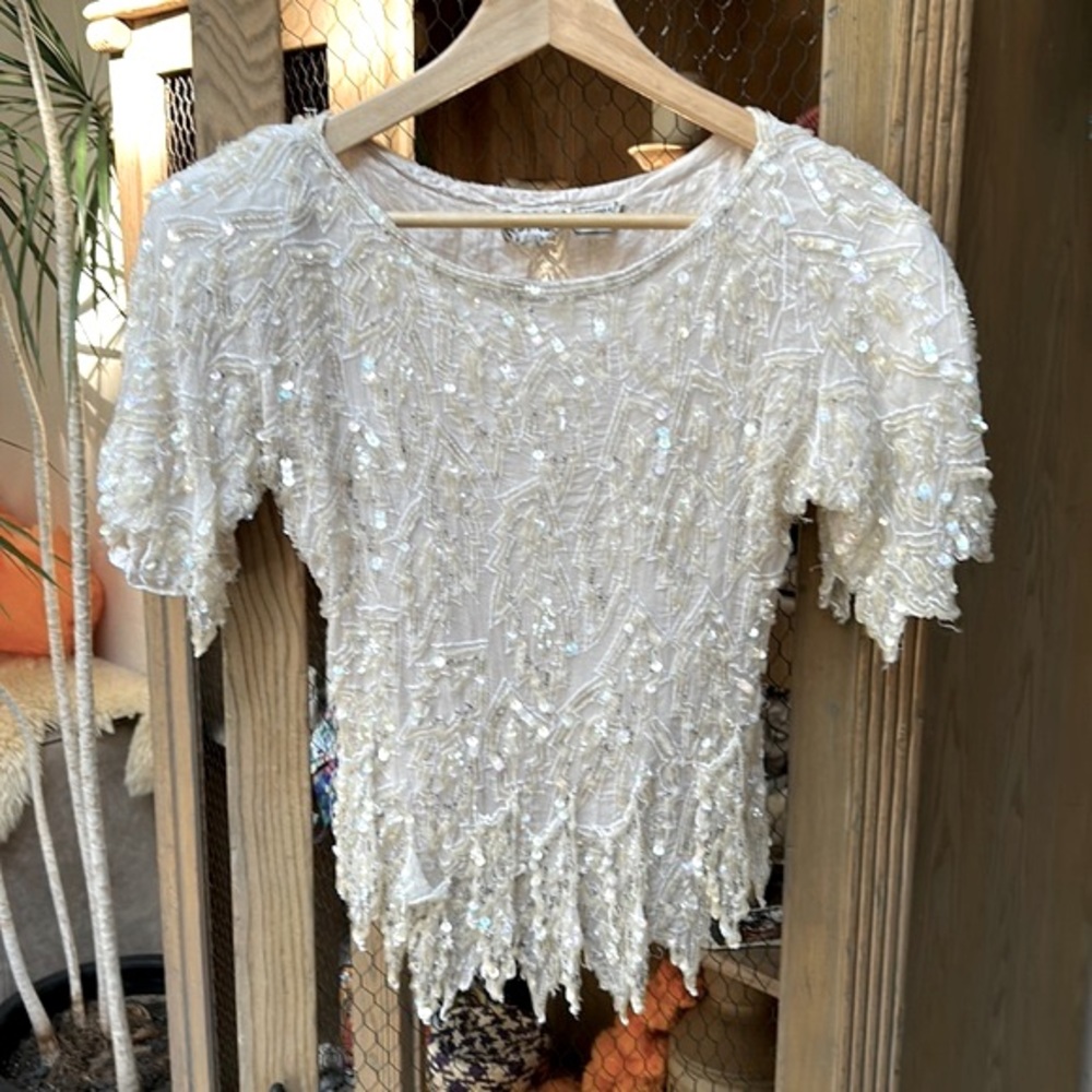 Vintage Scala Sequin Beaded Silk Cream Blouse - image 1